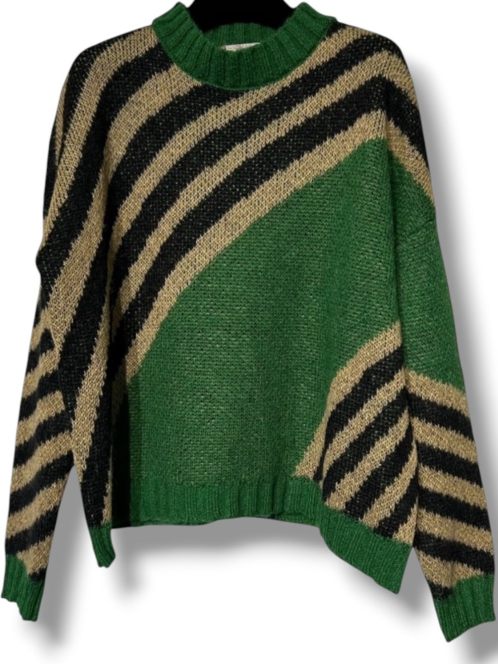 Niccolai Mohair Blend Fuzzy Sweater Green Tan Striped Medium